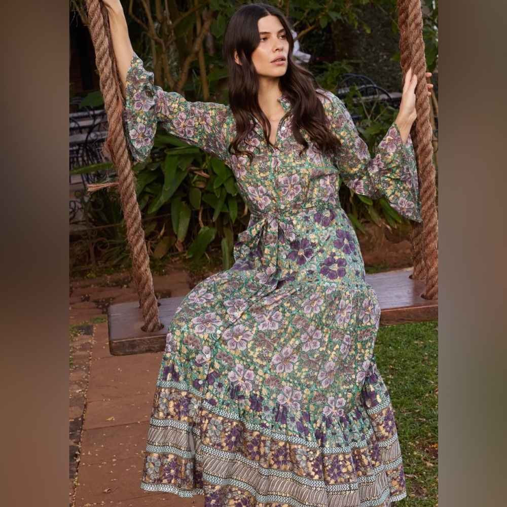 NWT OLIPHANTDESIGN Oliphant Ruffle Collar Bell Maxi Dress MATERA GREEN Floral S